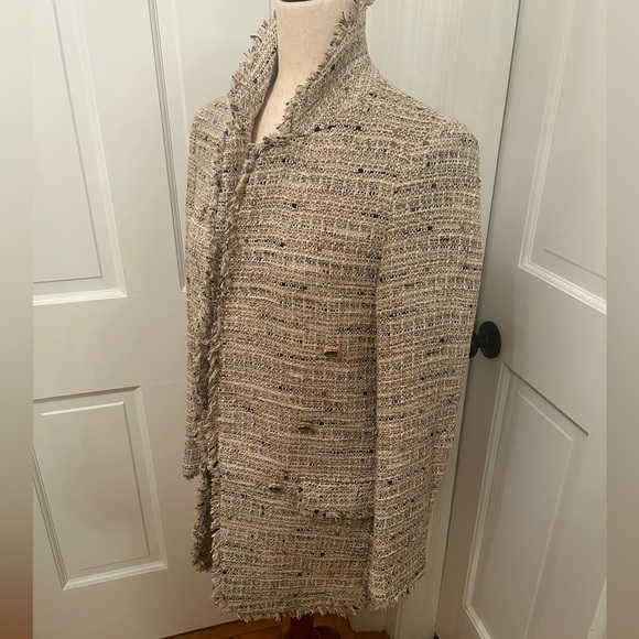 ZARA Tweed Open Blazer Jacket Tan Cream Sz Small - Picture 3 of 16